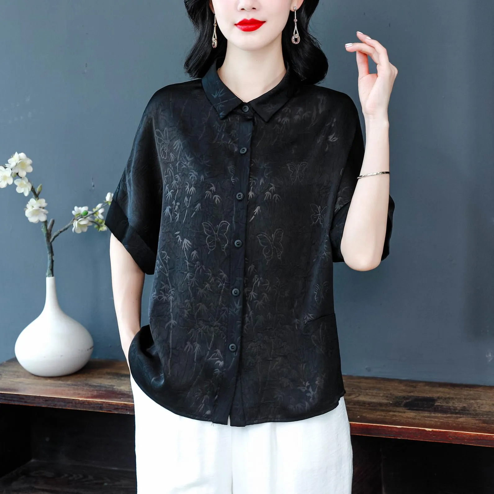 Women's Stylish Satin Shirt with Contrast Trim and Patch Pocket