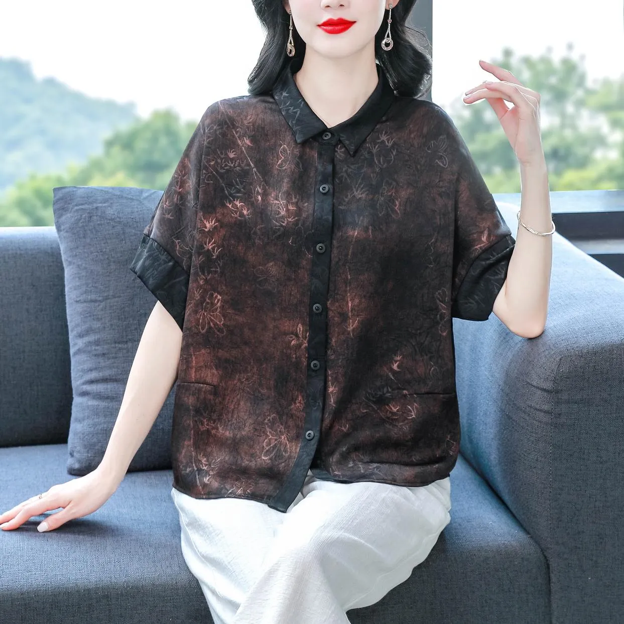 Women's Stylish Satin Shirt with Contrast Trim and Patch Pocket