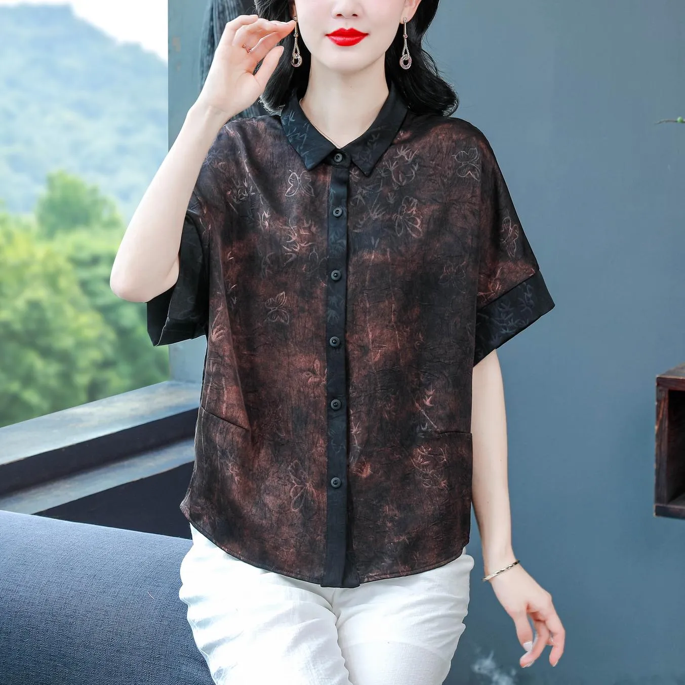 Women's Stylish Satin Shirt with Contrast Trim and Patch Pocket