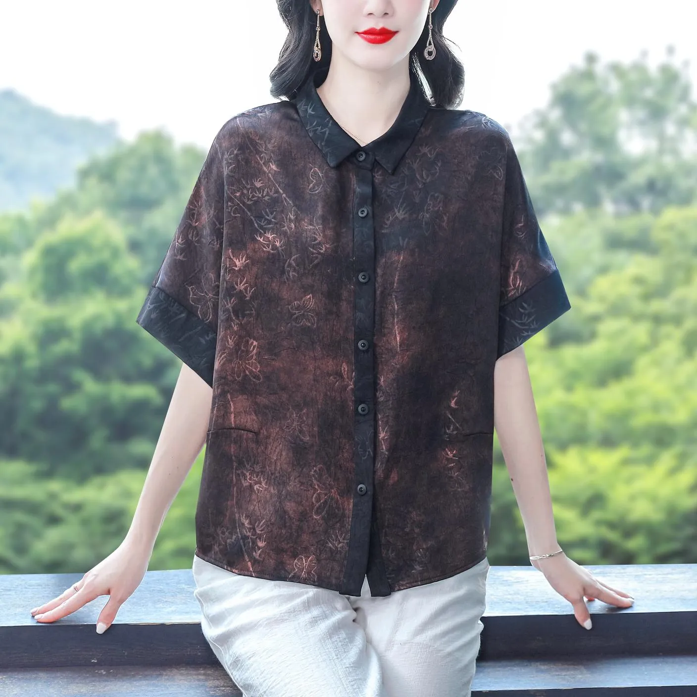 Women's Stylish Satin Shirt with Contrast Trim and Patch Pocket