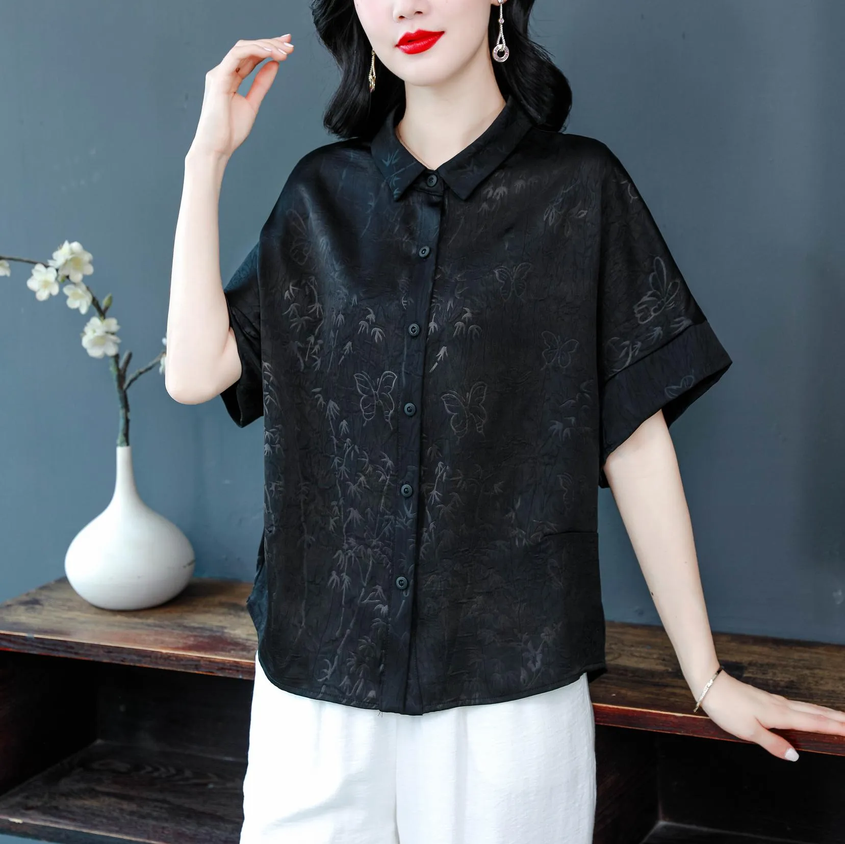 Women's Stylish Satin Shirt with Contrast Trim and Patch Pocket
