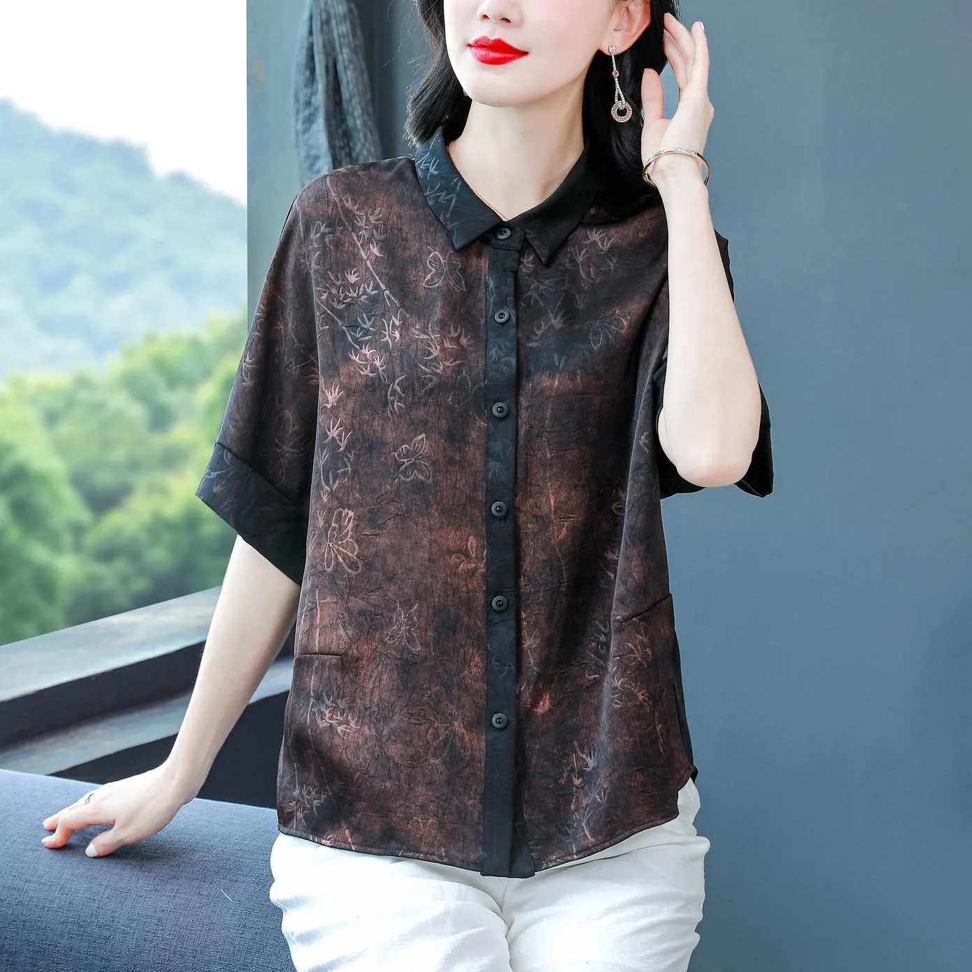 Women's Stylish Satin Shirt with Contrast Trim and Patch Pocket