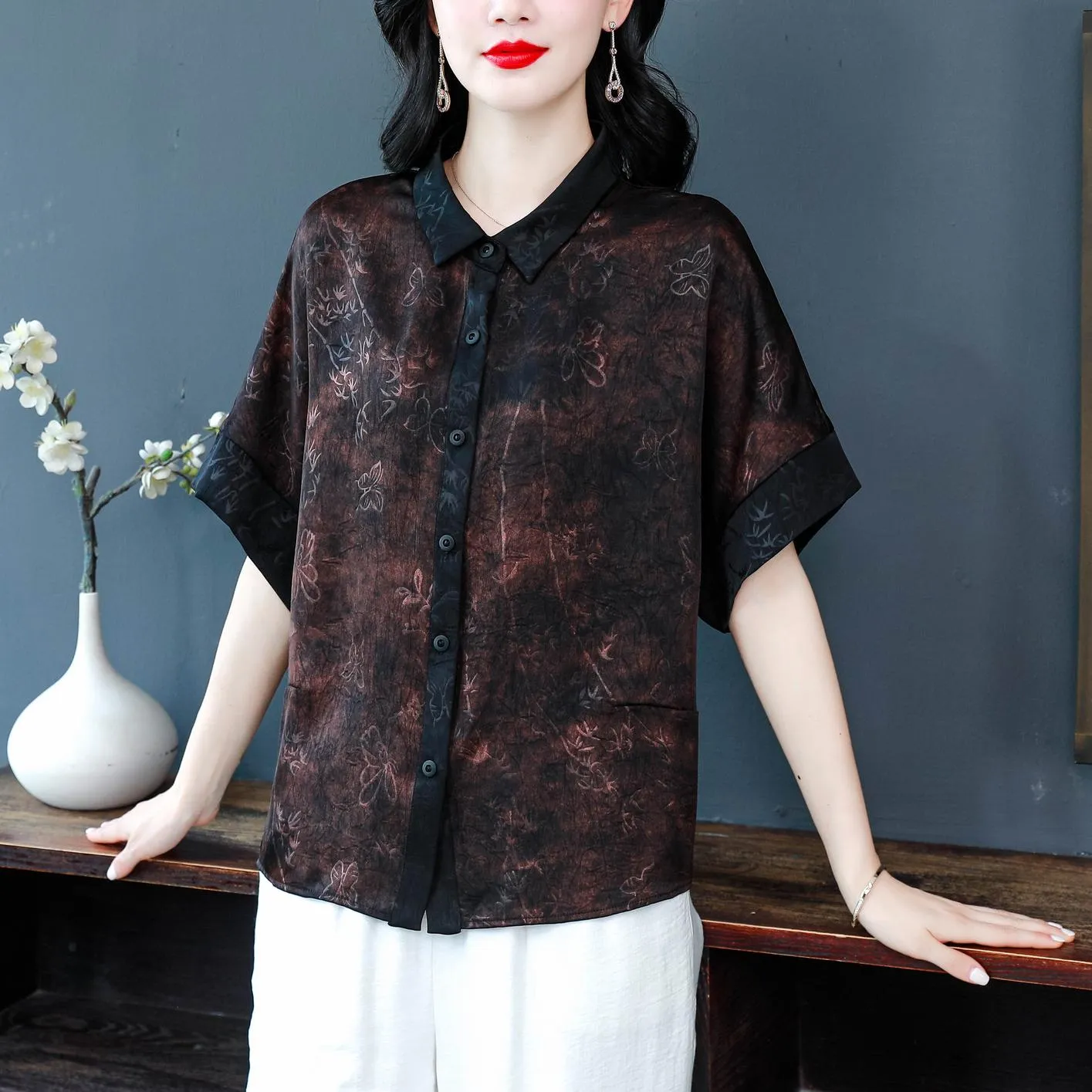 Women's Stylish Satin Shirt with Contrast Trim and Patch Pocket