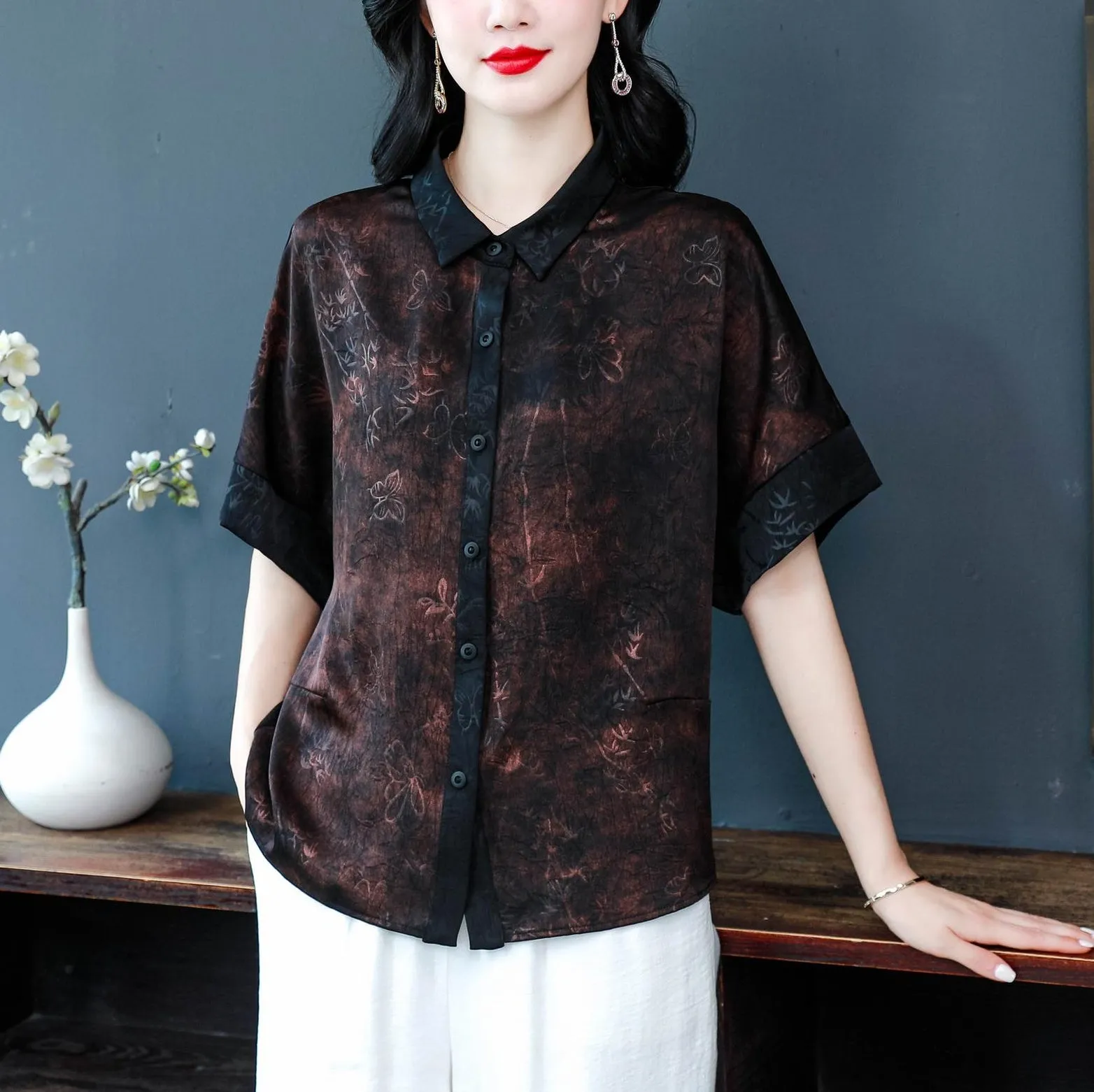 Women's Stylish Satin Shirt with Contrast Trim and Patch Pocket
