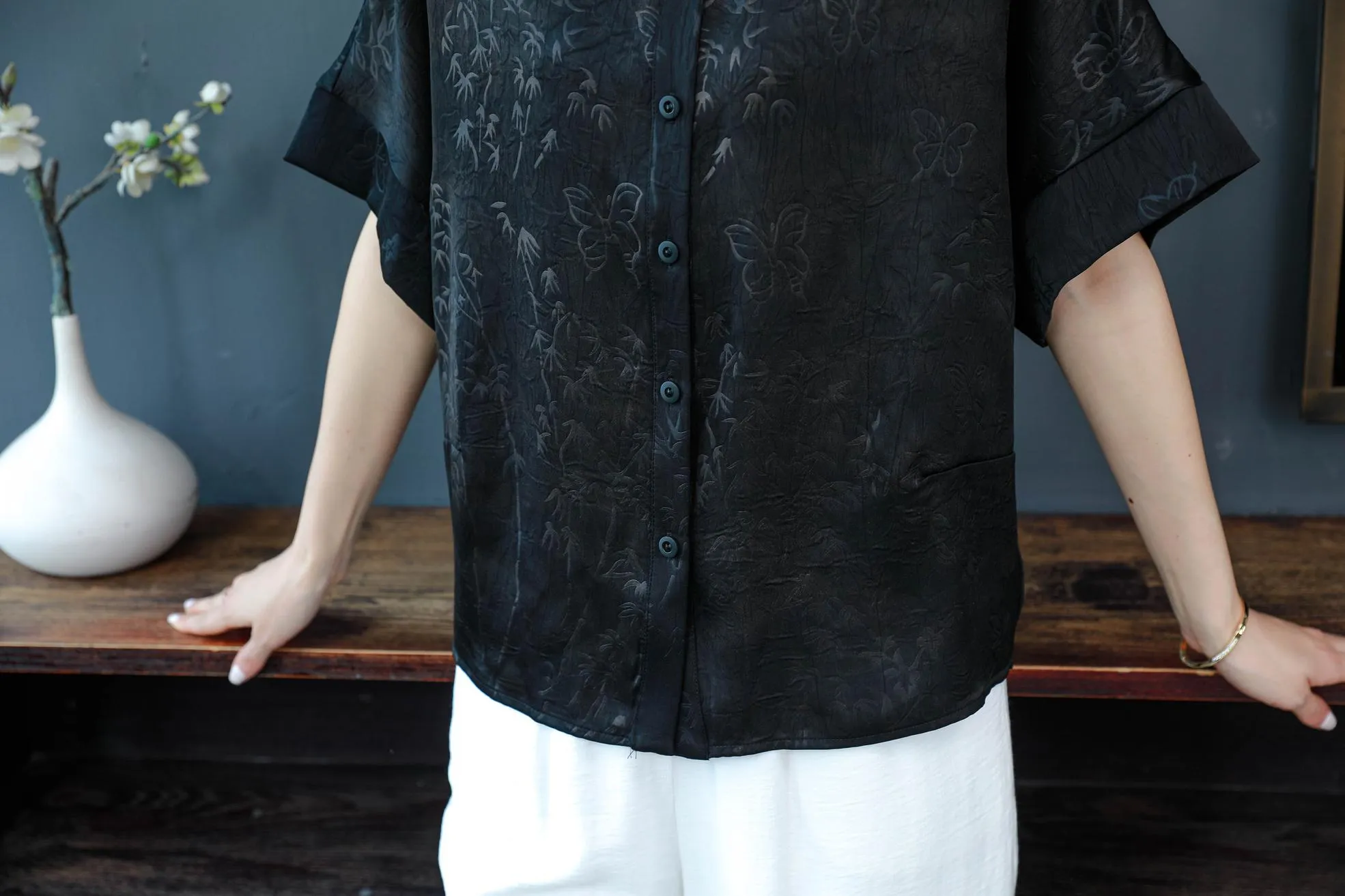 Women's Stylish Satin Shirt with Contrast Trim and Patch Pocket