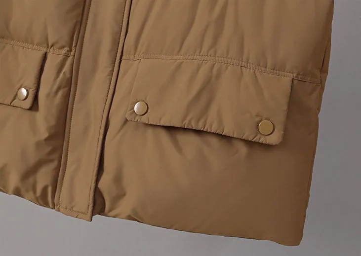 Women's windproof zip-up puffer jacket with patchwork design and stain-resistant material
