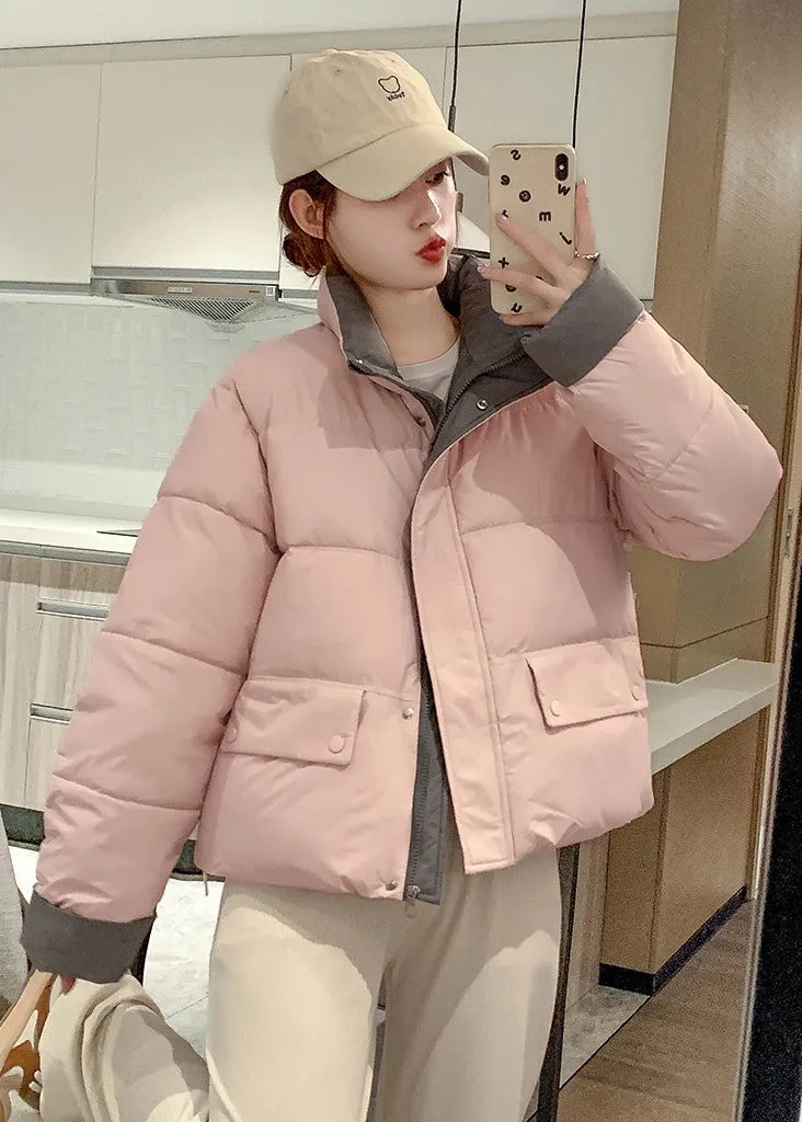Women's windproof zip-up puffer jacket with patchwork design and stain-resistant material