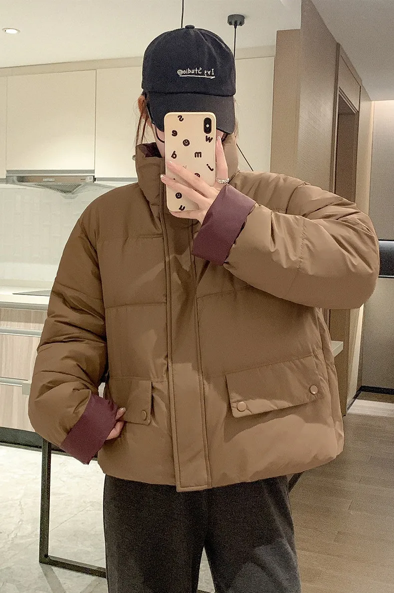 Women's windproof zip-up puffer jacket with patchwork design and stain-resistant material