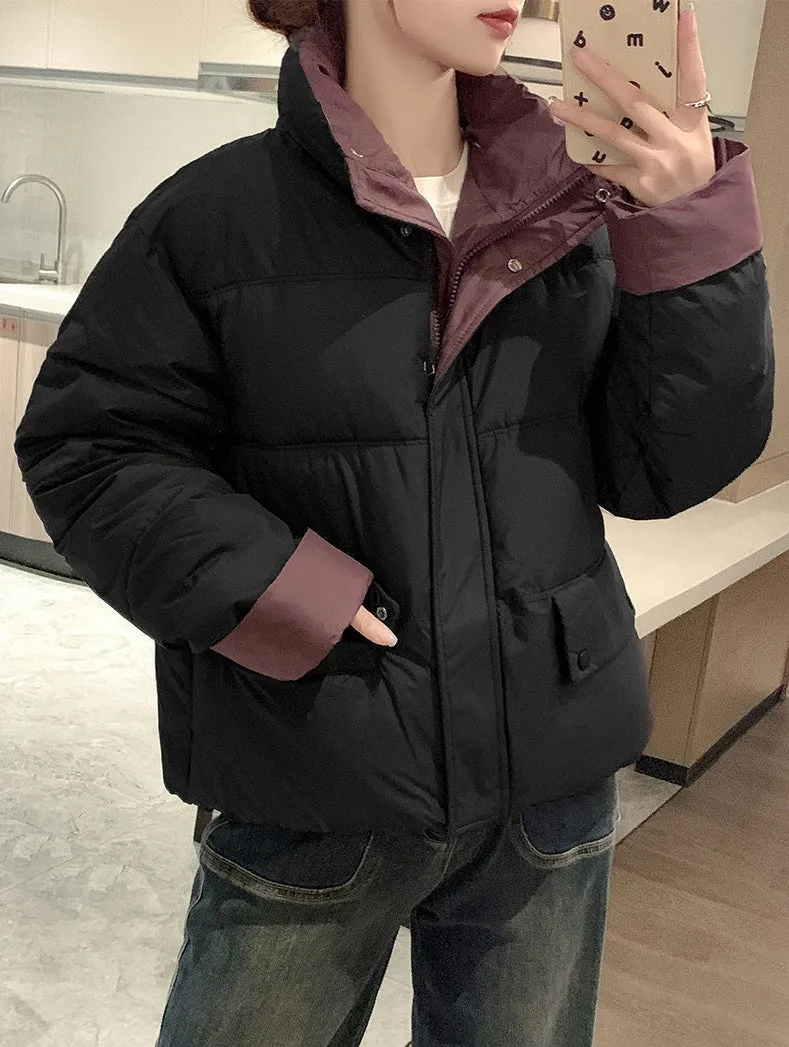 Women's windproof zip-up puffer jacket with patchwork design and stain-resistant material