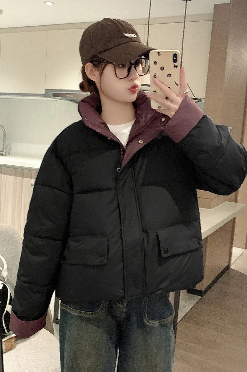 Women's windproof zip-up puffer jacket with patchwork design and stain-resistant material
