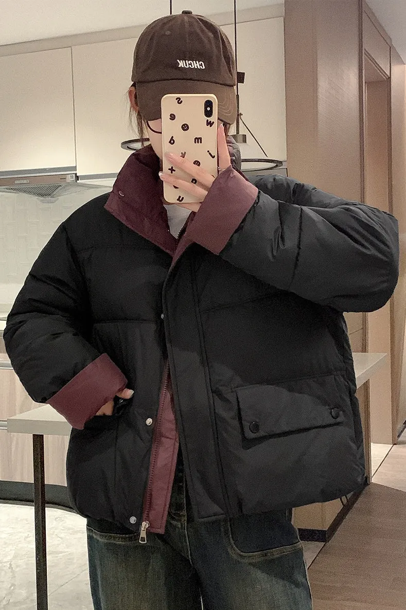 Women's windproof zip-up puffer jacket with patchwork design and stain-resistant material