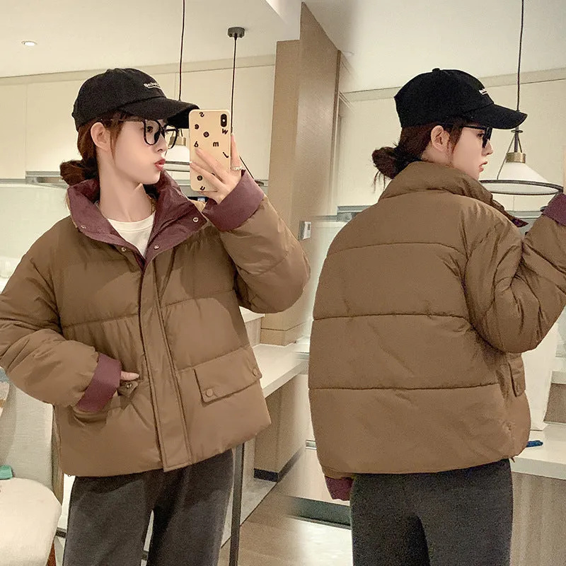 Women's windproof zip-up puffer jacket with patchwork design and stain-resistant material