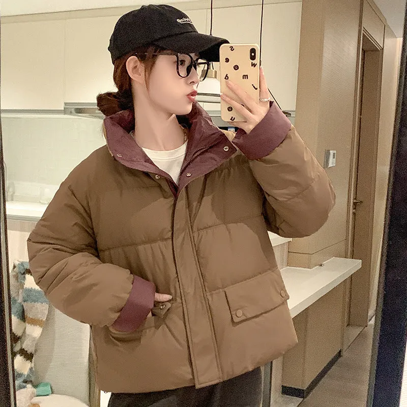 Women's windproof zip-up puffer jacket with patchwork design and stain-resistant material
