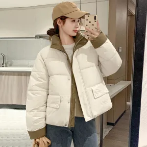 Women's windproof zip-up puffer jacket with patchwork design and stain-resistant material