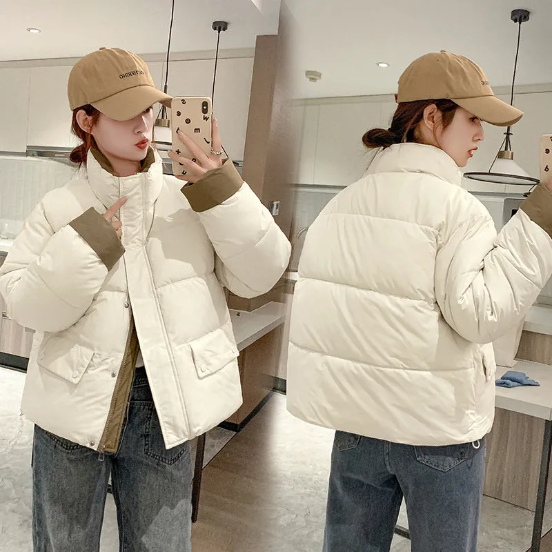 Women's windproof zip-up puffer jacket with patchwork design and stain-resistant material