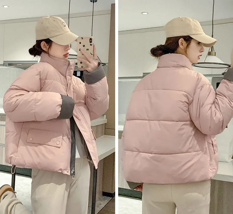 Women's windproof zip-up puffer jacket with patchwork design and stain-resistant material