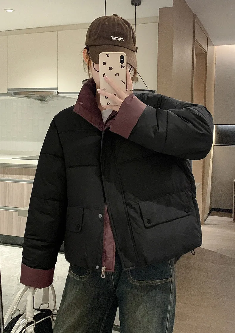 Women's windproof zip-up puffer jacket with patchwork design and stain-resistant material
