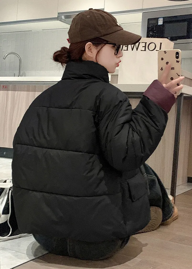 Women's windproof zip-up puffer jacket with patchwork design and stain-resistant material