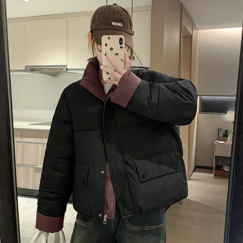 Women's windproof zip-up puffer jacket with patchwork design and stain-resistant material