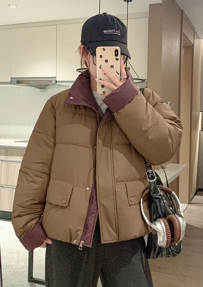 Women's windproof zip-up puffer jacket with patchwork design and stain-resistant material