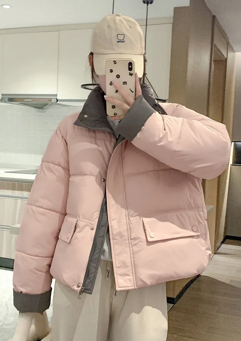 Women's windproof zip-up puffer jacket with patchwork design and stain-resistant material