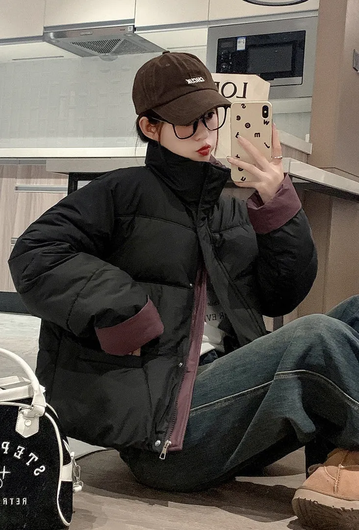 Women's windproof zip-up puffer jacket with patchwork design and stain-resistant material