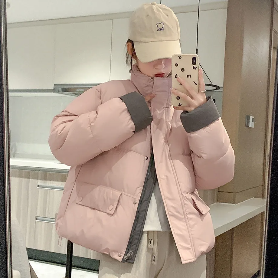 Women's windproof zip-up puffer jacket with patchwork design and stain-resistant material