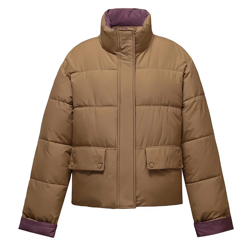 Women's windproof zip-up puffer jacket with patchwork design and stain-resistant material