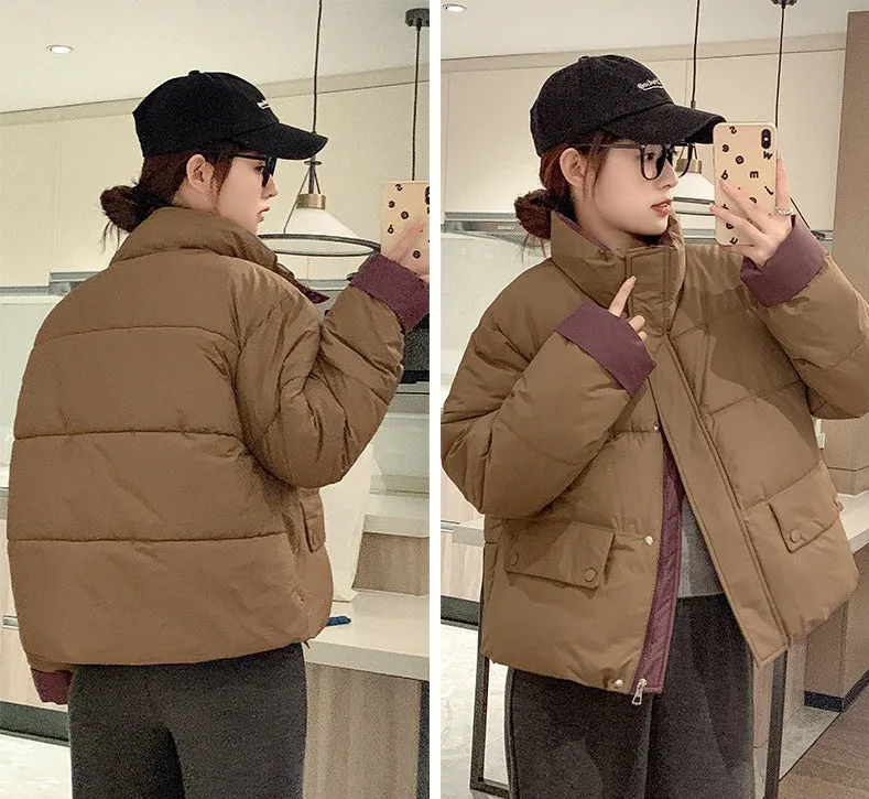 Women's windproof zip-up puffer jacket with patchwork design and stain-resistant material
