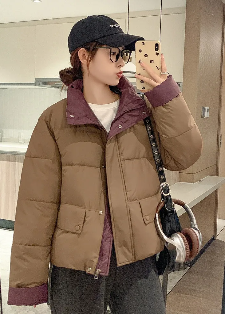 Women's windproof zip-up puffer jacket with patchwork design and stain-resistant material