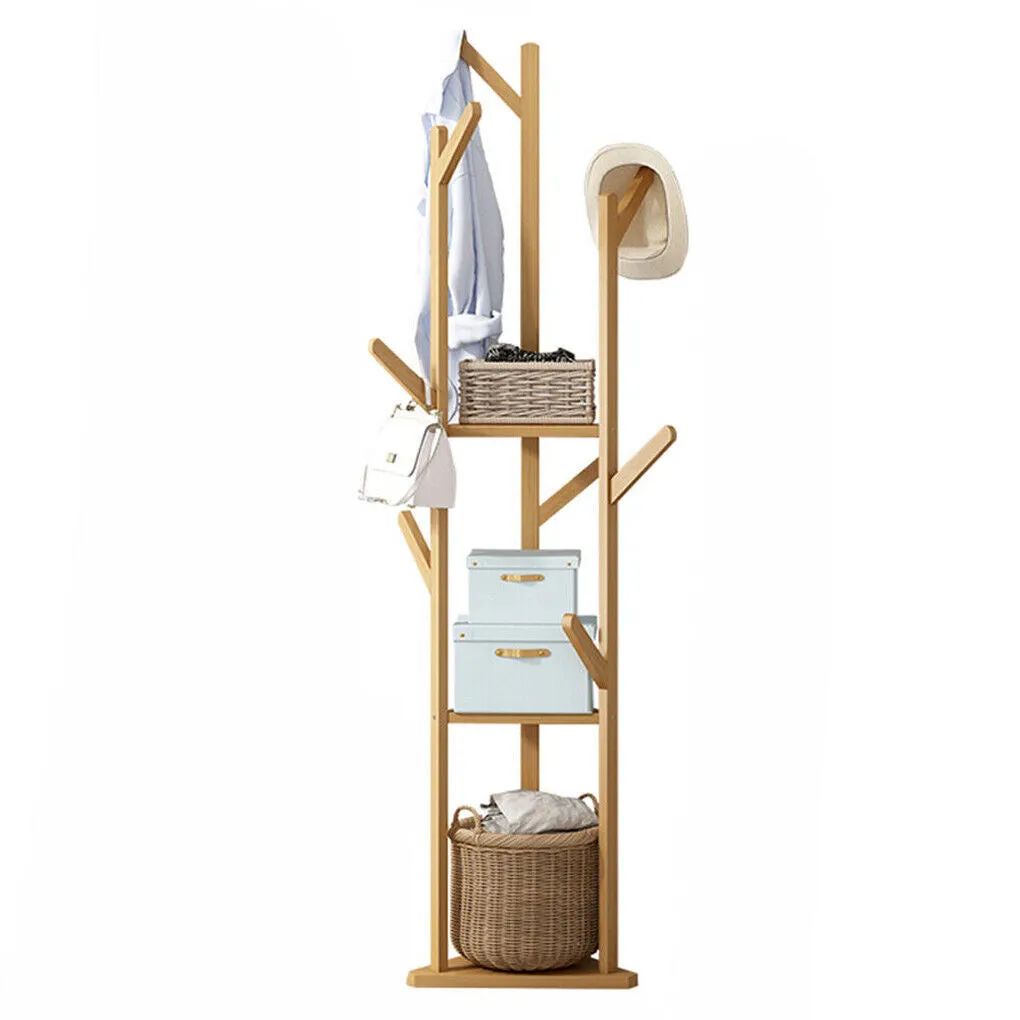 Wooden Coat Hat Hanger Stand with 10 Hooks Floor-Standing Clothes Bags Umbrella Rack