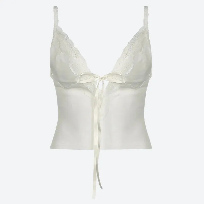Y2K Lace Trim Plunge Neck Top