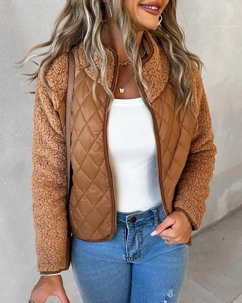Zipper Design Patchwork Teddy Puffer Coat