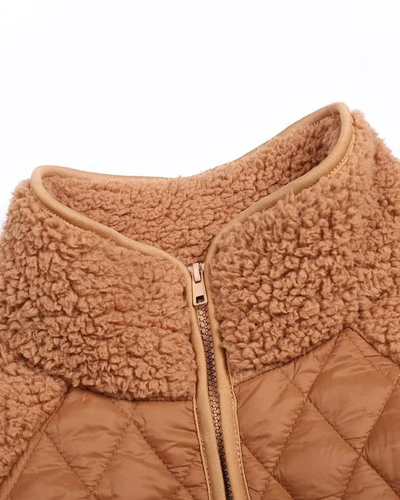 Zipper Design Patchwork Teddy Puffer Coat