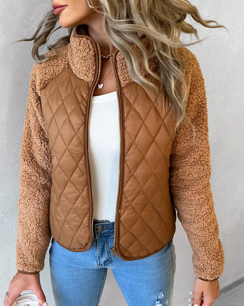 Zipper Design Patchwork Teddy Puffer Coat