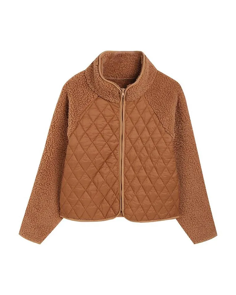 Zipper Design Patchwork Teddy Puffer Coat