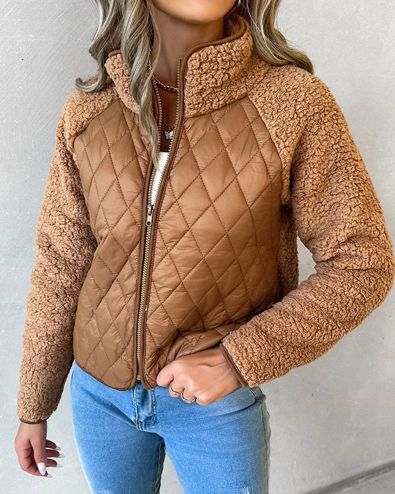 Zipper Design Patchwork Teddy Puffer Coat