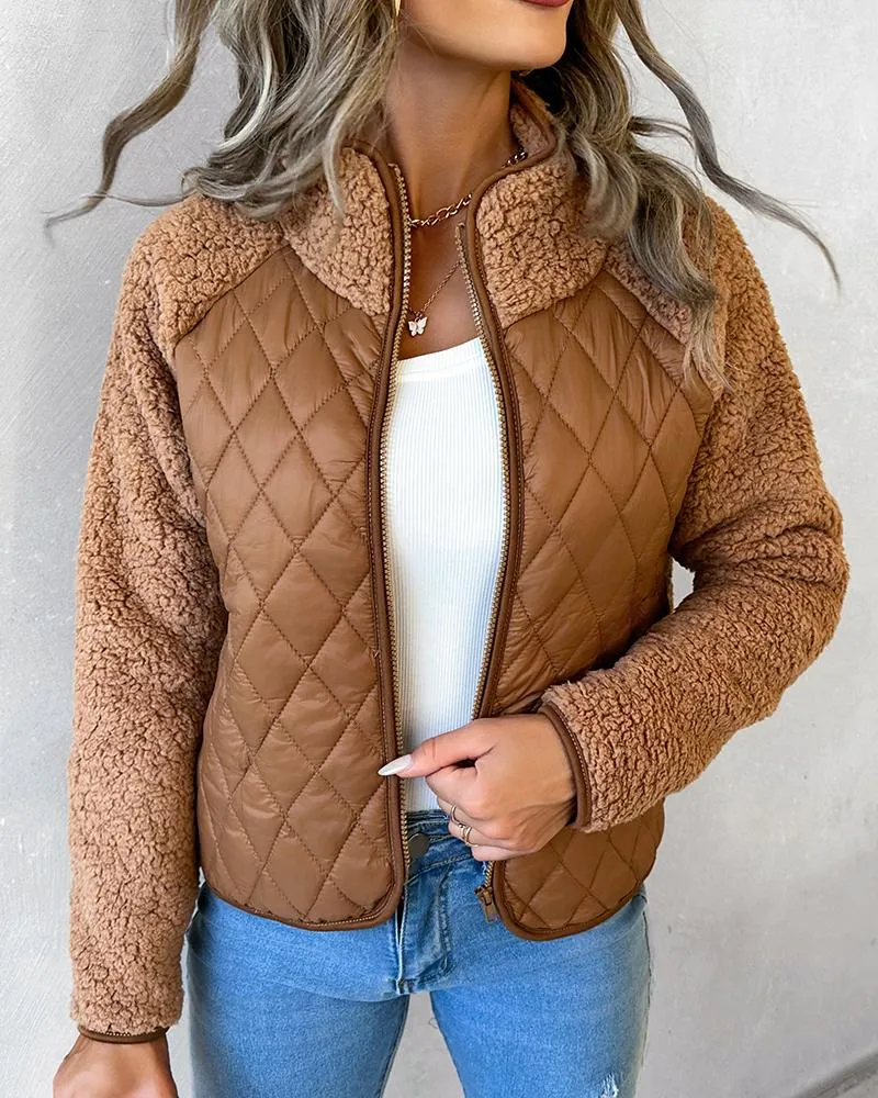 Zipper Design Patchwork Teddy Puffer Coat