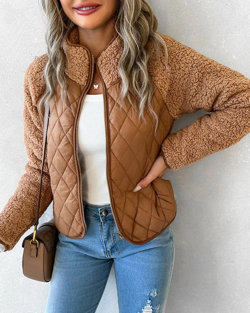 Zipper Design Patchwork Teddy Puffer Coat