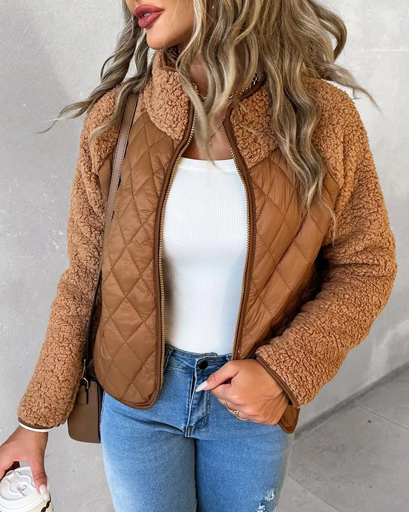 Zipper Design Patchwork Teddy Puffer Coat